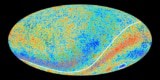 Map of the CMB, highlighting the cold spot (circled) and the division between north and south celestial hemispheres