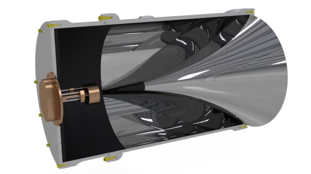 Image showing a “Hershey’s kiss”-shaped structure that funnels potential dark matter signals to a copper-coloured detector located beyond the point on the 