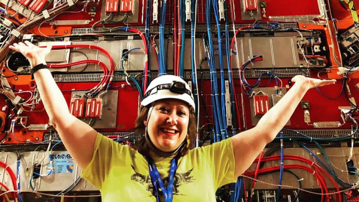 Freya Blekman in front of the CMS detector