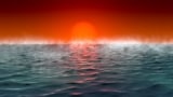 Artist's impression of a Hycean planet, showing a bright orange sun rising in a red sky above a steaming body of water