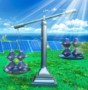 A set of balance-type scales with representations of all-inorganic perovskites in the more heavily weighted pan and hybrid perovskites in the lighter pan, against a background of solar panels and sunshine