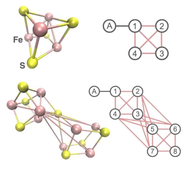 Diagram of iron (pink) and sulphur (yellow) in a cluster within the nitrogenase enzyme. Two different clusters are shown, one large and one small, and each is represented by a diagram of qubit connectivity