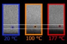 Three images showing particles hitting a metallic surface at about the same velocity, but at different temperatures: 20 C, 100 C and 177 C. The hotter the temperature, the higher the particle rebounds