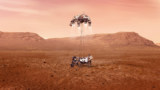 An illustration of NASA’s Perseverance rover landing safely on Mars