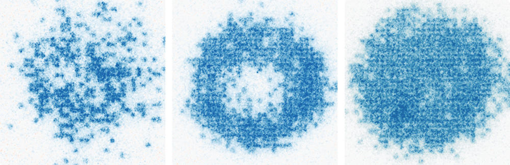 Fermionic microscope images of ultracold lithium atoms behaving as a metal (left), a band insulator (centre) and a Mott insulator