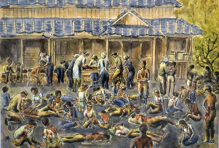 Painting showing dozens of injured and bandaged people gathered outside a building with a traditional Japanese tiled roof, some lying down, some walking, as a team of medics treat a severely injured person in the background