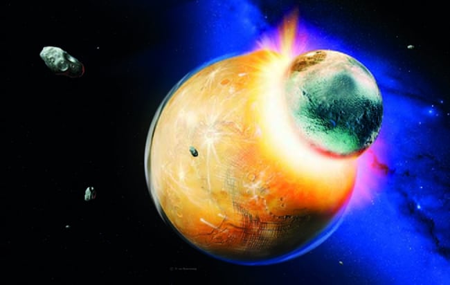 Artist illustration of a moon crashing into a planet