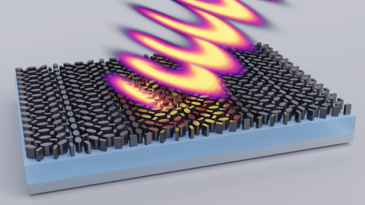 Artist's impression of heat waves rising coherently from a structured metasurface