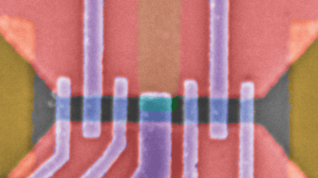 Scanning electron micrograph image showing wires and the location of the two quantum dots used in the experiment